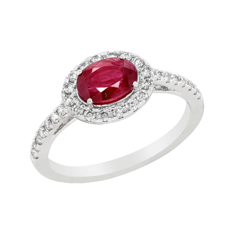 Fashionable Band Rings For Casual Style-WHITE GOLD FASHION RING WITH OVAL RUBY AND DIAMOND HALO, .33 CT TW