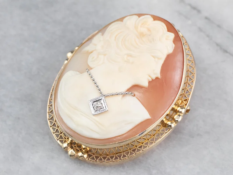 Brooch For Elegant Weddings-Retro Cameo Diamond Gold Brooch Pendant