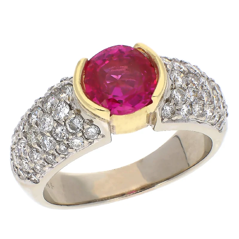 Wedding Ring Sets For Couples-18K White and Yellow Gold Round Ruby and Pavé Diamonds Wide Band Ring