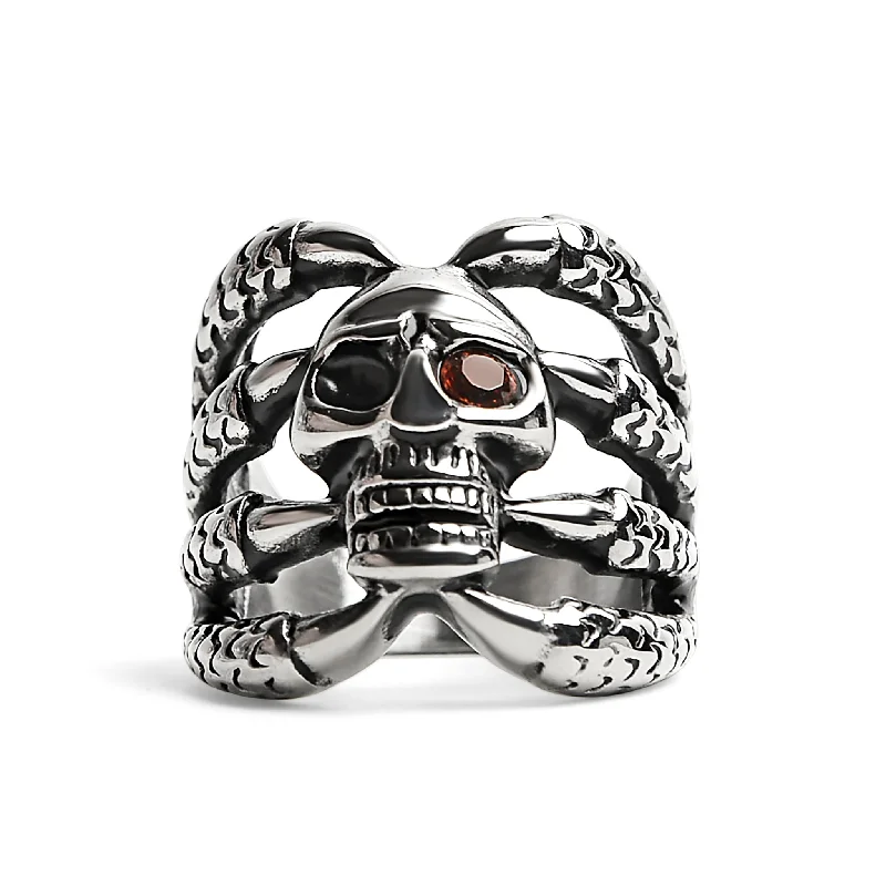 Unique Wedding Rings For Couples-Stainless Steel Dragon Claws Holding Red CZ Eyed Skull Ring / SCR4076