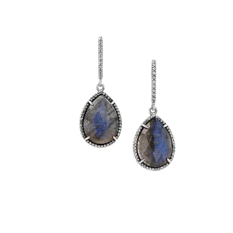 Silver Hoop Earrings For Women-Labradorite Teardrop Earrings with Diamonds  E0000228