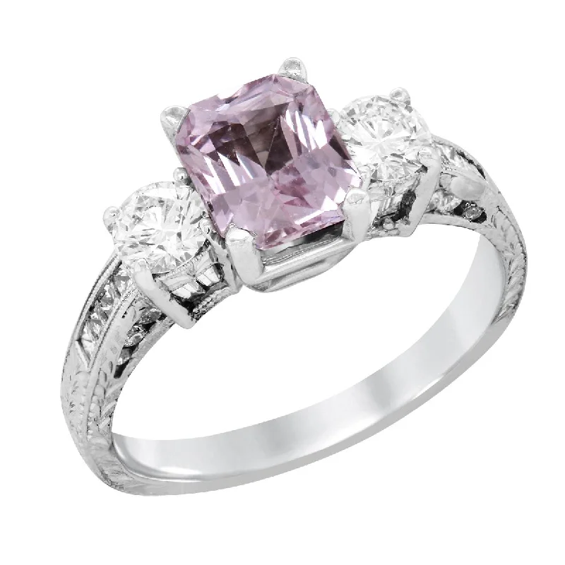 Geometric Rings For Modern Fashion-WHITE GOLD RING WITH FANCY PINK SAPPHIRE AND DIAMONDS, 1.00 CT TW