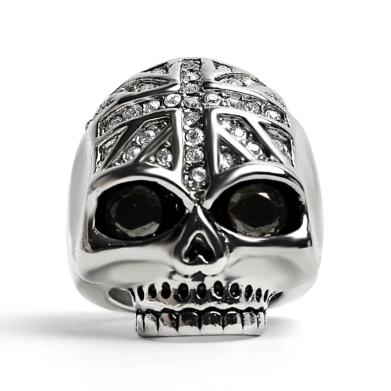 Elegant Solitaire Rings For Engagement-Stainless Steel Black CZ Eyed Skull With Clear CZ UK Flag Ring / SCR4022