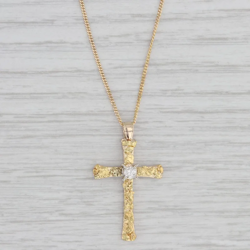 Vintage Style Necklaces For Collectors-0.15ct Diamond Nugget Cross Pendant Necklace 14k 20k Yellow Gold 15.75"