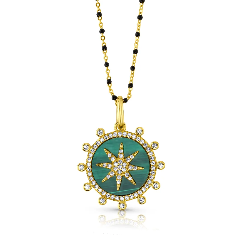 Artistic Gold Necklaces For Unique Style-SUNBRUST PENDANT AND BEADED CHAIN NECKLACE, GOLD MALACHITE