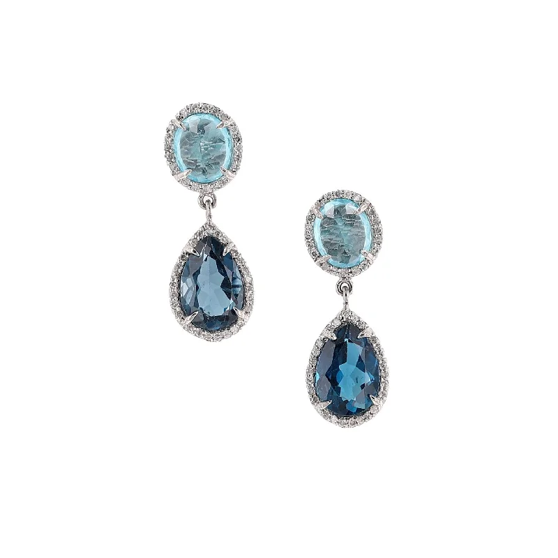 Boho Silver Earrings For Festival Wear-Double Drop Blue Gemstone & Diamond Earrings  E0000163