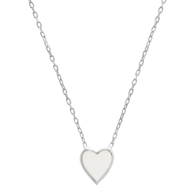 Statement Necklaces For Special Occasions-WHITE HEART ENAMEL NECKLACE, SILVER