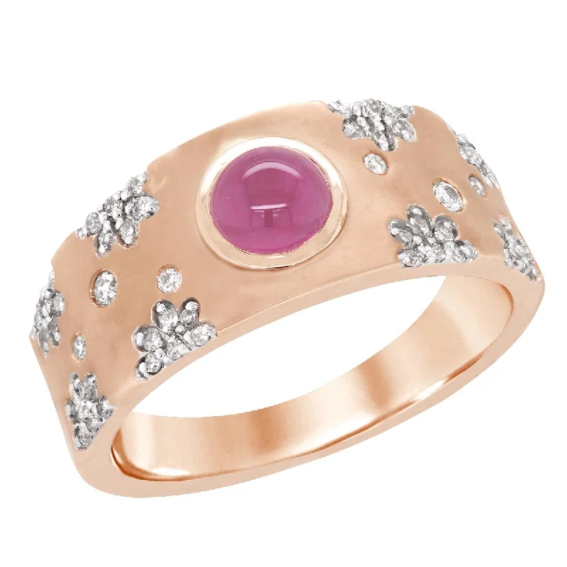 Handcrafted Engagement Rings For Brides-ROSE GOLD FASHION RING WITH CABOCHON CUT PINK SAPPHIRE AND ROUND DIAMONDS, 1/7 CT TW