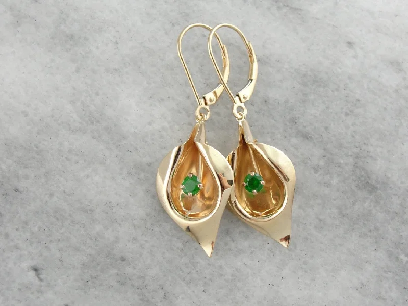 Classic Silver Earrings For Everyday Wear-Golden Calla Lily & Green Demantoid Garnet Flower Earrings