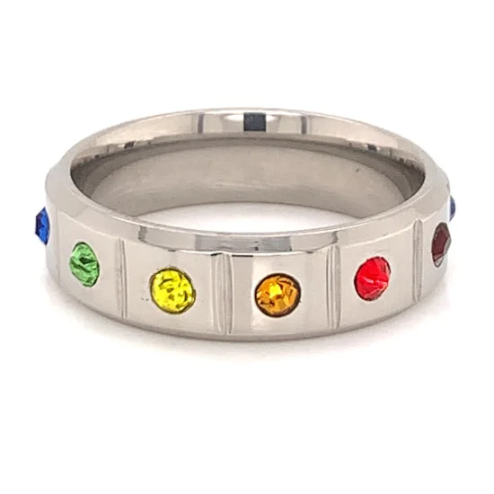 Classic Silver Rings For Everyday Fashion-Rainbow CZ Stainless Steel Ring / RRJ2673