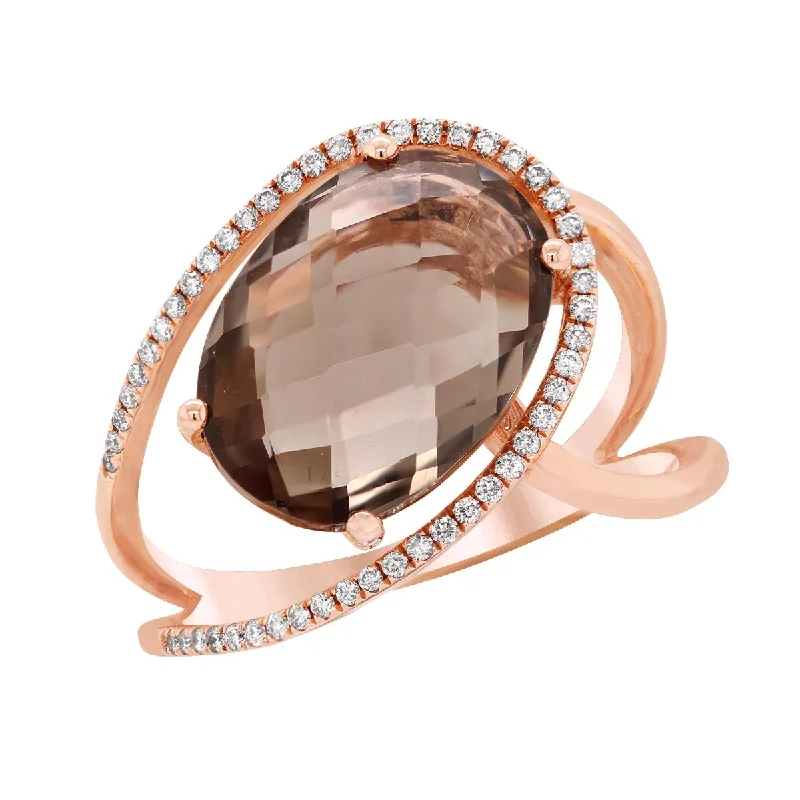 Designer Cocktail Rings For Glamorous Style-ROSE GOLD FASHION RING WITH SMOKY TOPAZ CENTER AND SIDE DIAMONDS, .14 CT TW