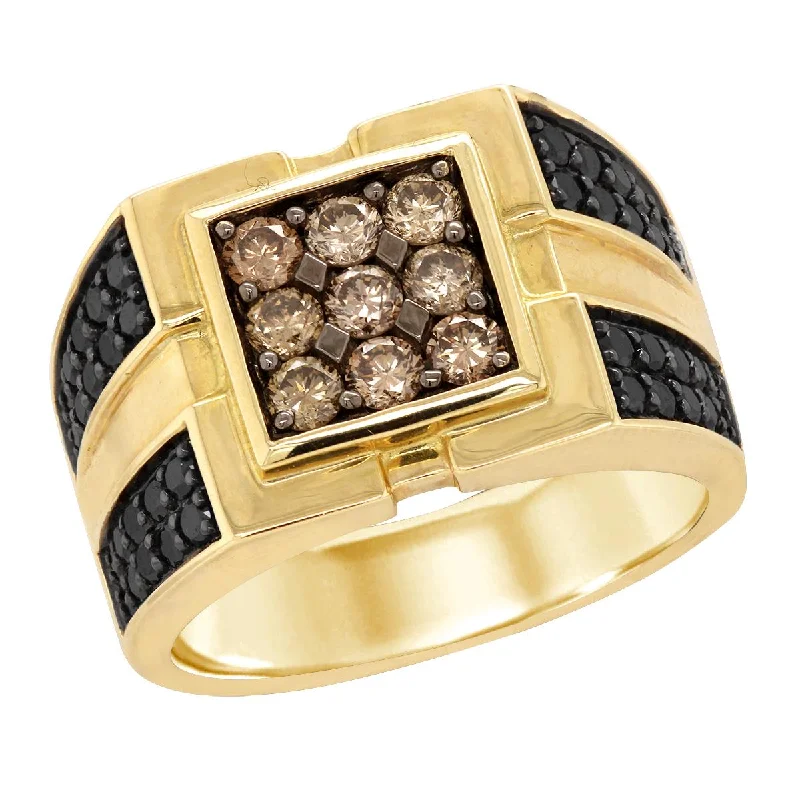 Adjustable Fashion Rings For Comfortable Wear-MEN'S MODERN YELLOW GOLD FASHION RING WITH BLACK AND BROWN DIAMONDS, 1.53 CT TW