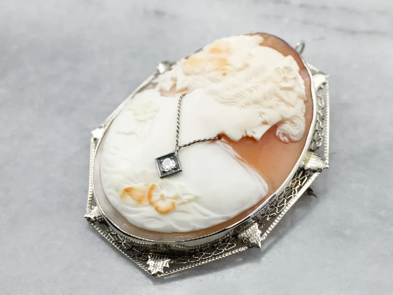 Designer Brooch For Brides-Art Deco Cameo Diamond Filigree Brooch Pendant