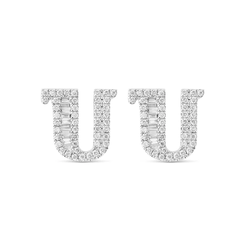 Beautiful Gold Earrings For Anniversary Gifts-18K White Gold Baguette and Round Diamond Initial "U" Stud Earrings