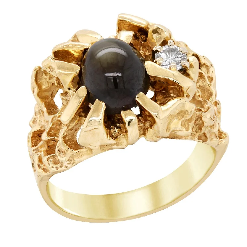 Trendy Silver Rings For Casual Fashion-MEN'S YELLOW GOLD FASHION RING WITH BLACK STAR SAPPHIRE AND A .10 CT DIAMOND