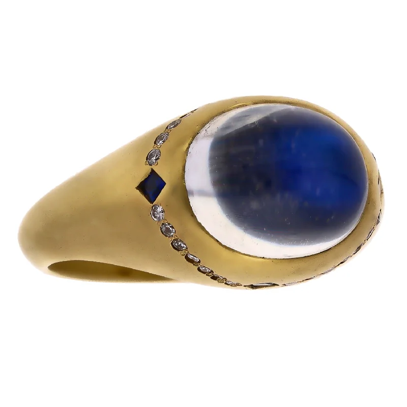 Simple Gemstone Rings For Everyday Wear-18K Yellow Gold Moonstone, Sapphire, and Diamond Ring