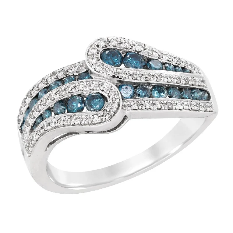 Custom Engagement Rings For Modern Brides-WHITE GOLD BYPASS RING WITH ROUND BLUE AND WHITE DIAMONDS, .70 CT TW