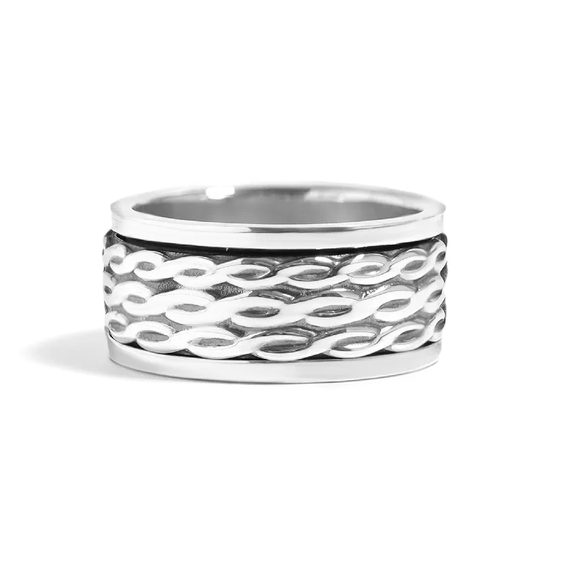 Personalized Promise Rings For Romantic Gestures-Sterling Silver Triple Braided Small Rope Chain Spinner Ring / SSR0068