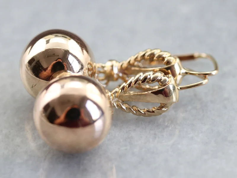 Chic Earrings For Day-to-Day Wear-Gold Rope Twist Ball Drop Earrings