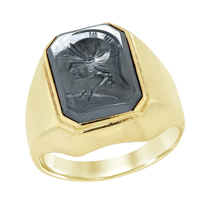 Classic Ruby Rings For Wedding Proposals-MEN'S YELLOW GOLD FASHION RING WITH HEMATITE INTAGLIO