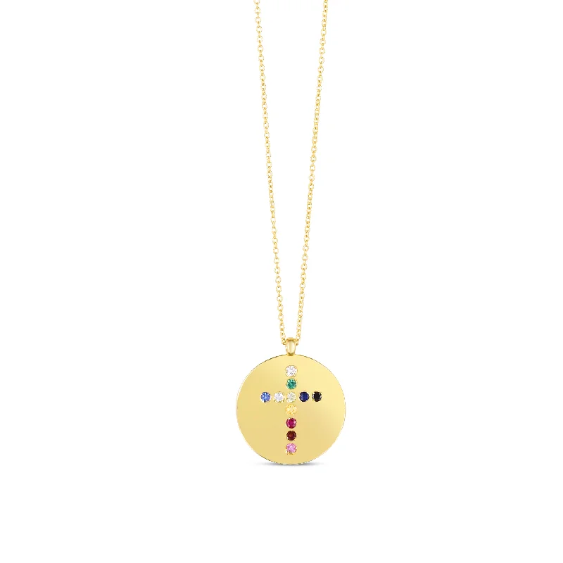 Minimalist Gold Necklaces For Everyday-14K Yellow Gold Gemstone Rainbow cross Medallion Necklace