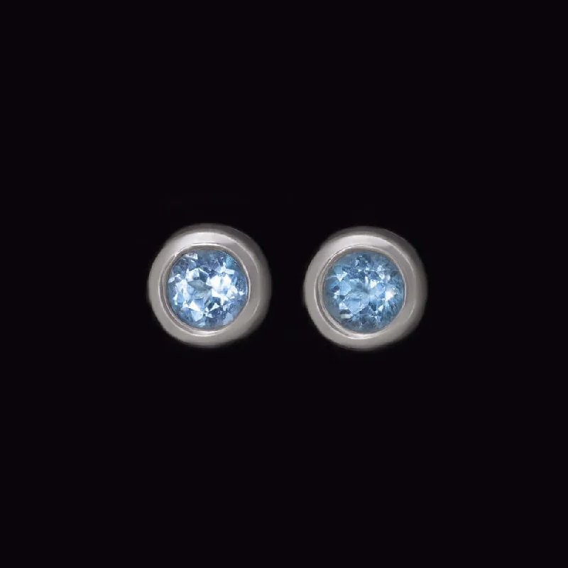 Ethereal Earrings For Formal Wear-1.5ct BLUE TOPAZ 18K WHITE GOLD STUD EARRINGS BEZEL SET ROUND CUT CLASSIC SIMPLE