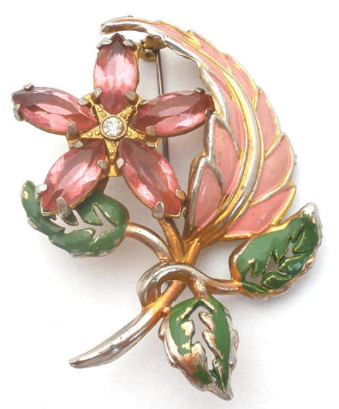 Large Pearl Brooch For Women-Pink Rhinestone & Enamel Flower Brooch Vintage