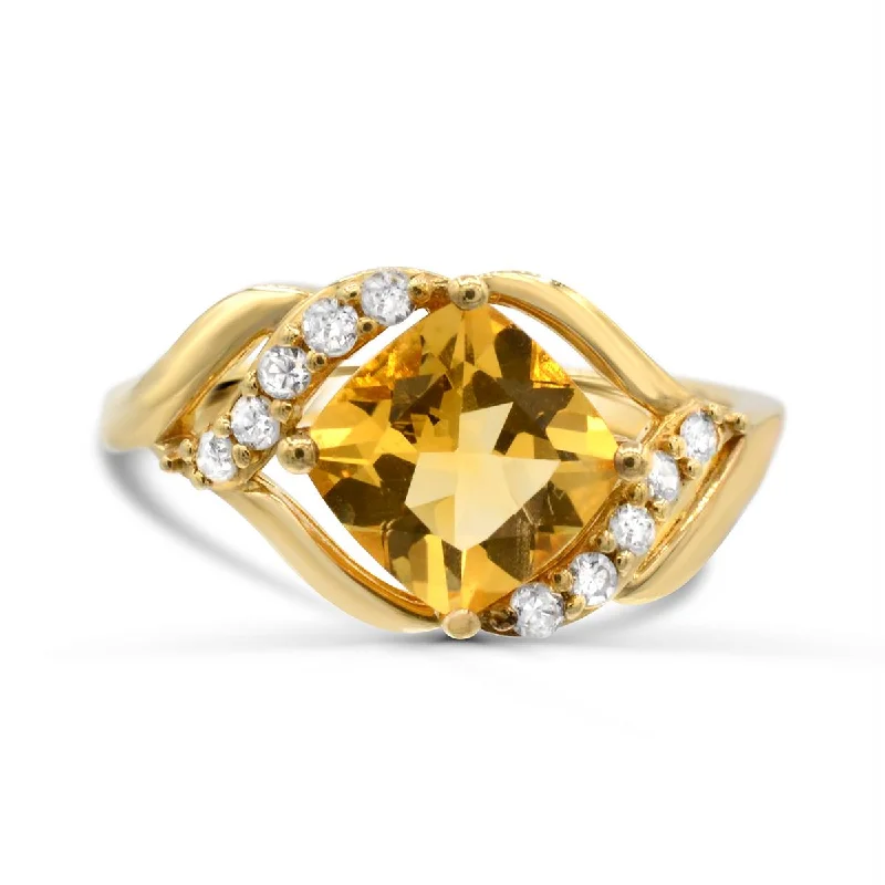 Designer Cocktail Rings For Glamorous Style-YELLOW GOLD FASHION RING WITH FANCY CUT CITRINE AND ROUND DIAMONDS, .15 CT TW