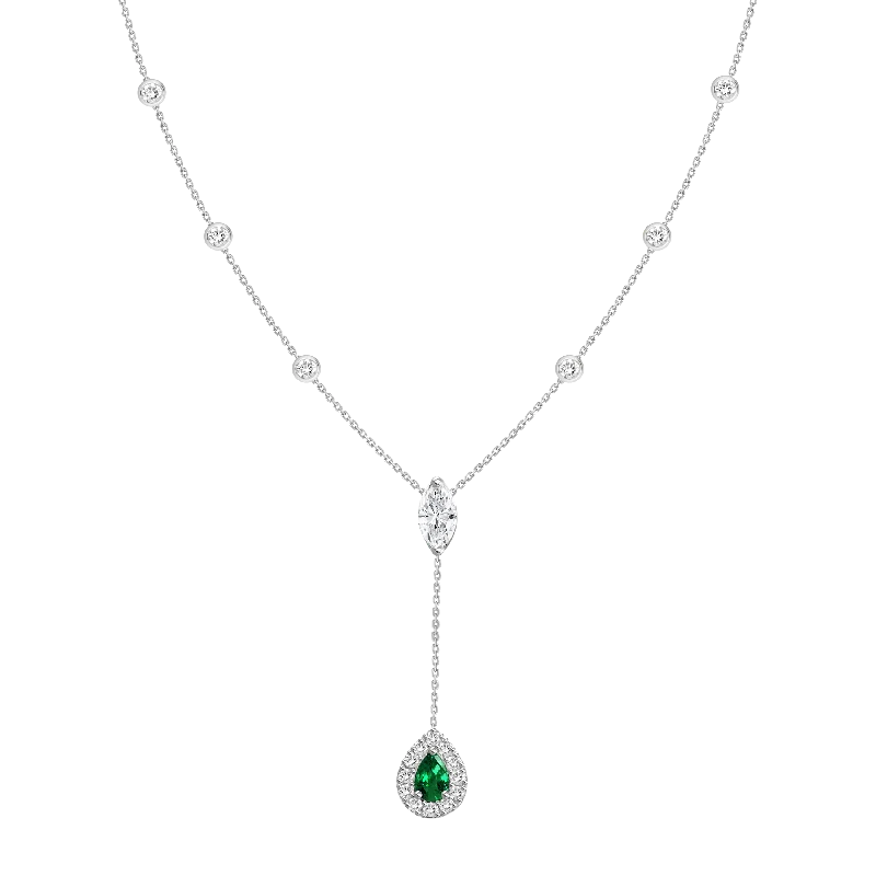 Simple Silver Necklaces For Casual Looks-18K White Gold Diamond + Emerald Y Necklace