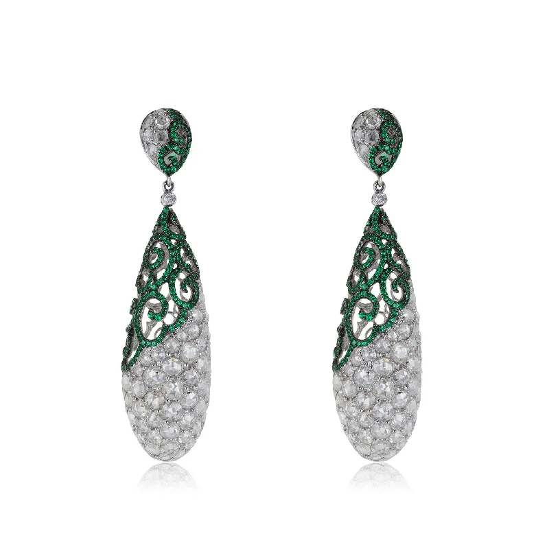 Luxury Crystal Earrings For Special Occasions-18K White Gold 14.39ct Diamond and Emerald Drop Earrings