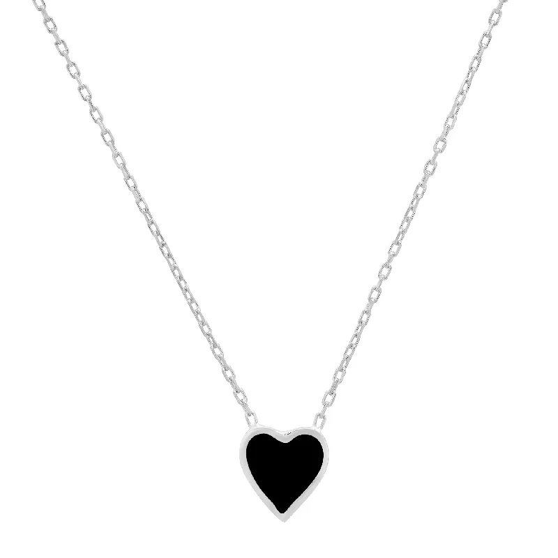 Gorgeous Gold Necklaces For Elegant Events-BLACK HEART ENAMEL NECKLACE, SILVER