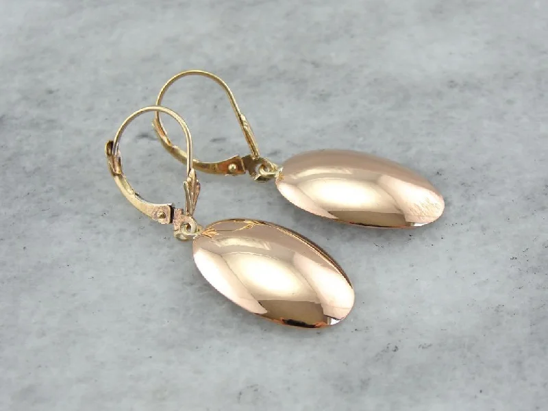 Eye-Catching Earrings For Night Parties-Minimalist Polished Yellow Gold Drop Earrings, Warm Antique Gold Color