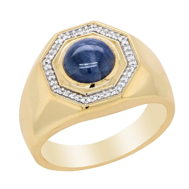 Bold Silver Rings For Fashion Lovers-MEN'S YELLOW GOLD FASHION RING WITH CABOCHON CUT SAPPHIRE CENTER AND DIAMOND HALO, .12 CT TW