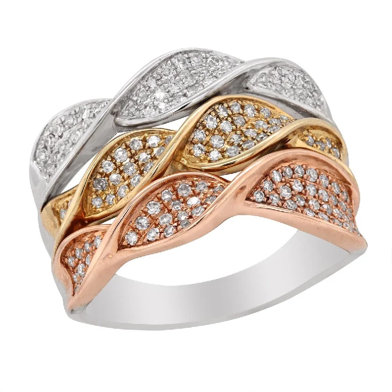 Statement Rings For Special Occasions-SLEEK TRI-TONE GOLD FASHION RING WITH 162 ROUND CUT DIAMONDS, .64 CT TW