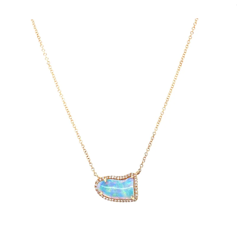 Personalized Couple Necklaces For Lovers-14K Yellow Gold Diamond + Opal Freeform Necklace