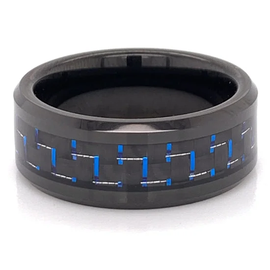 Simple Wedding Rings For Minimalist Brides-Black With Blue Accents Tungsten Comfort Fit Ring / TGR1020