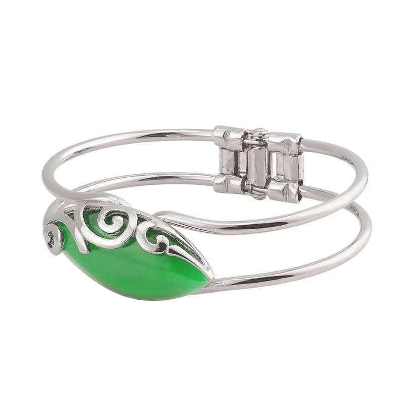 Bangles For Festive Season-Solvar Rhodium Plated Green Cat Eye Celtic Bangle S5601G