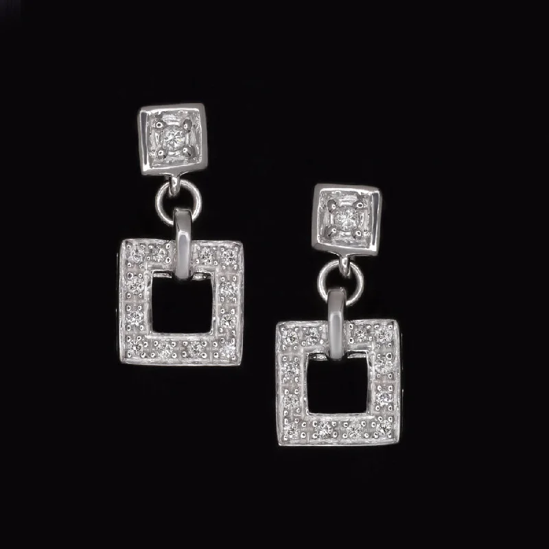 Elegant Drop Earrings For Formal Occasions-VINTAGE NATURAL DIAMOND DROP EARRINGS PAVE SQUARE DANGLE 14K WHITE GOLD ESTATE