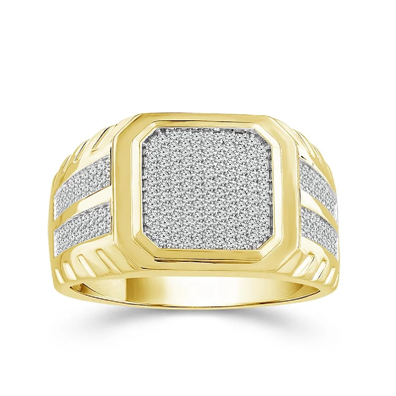 Unique Promise Rings For Loved Ones-MEN'S MODERN YELLOW GOLD FASHION RING WITH DIAMOND PAVE CENTER AND SHANK, .60 CT TW