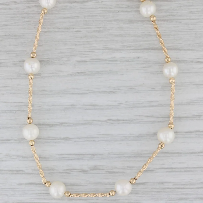 Bold Necklaces For Statement Look-Cultured Pearl Station Necklace 14k Yellow Gold 15" Rope Chain