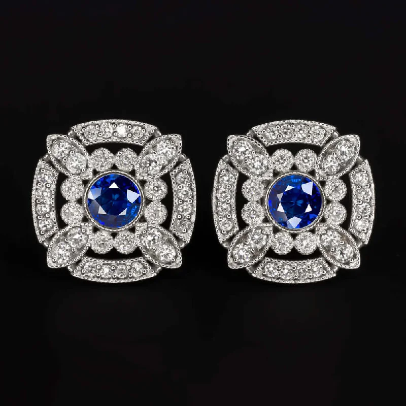 Large Earrings For Evening Wear-NATURAL SAPPHIRE DIAMOND STUD EARRINGS ART DECO VINTAGE STYLE WHITE GOLD BLUE