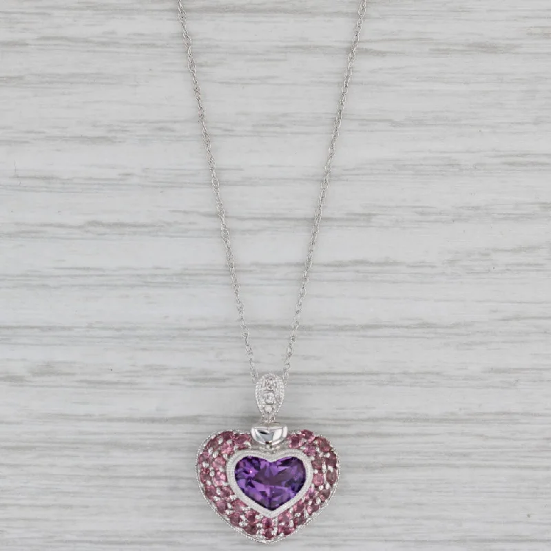 Vintage Pendant Necklaces For Retro Look-2.45ctw Amethyst Tourmaline Diamond Heart Pendant Necklace 10k White Gold 18"