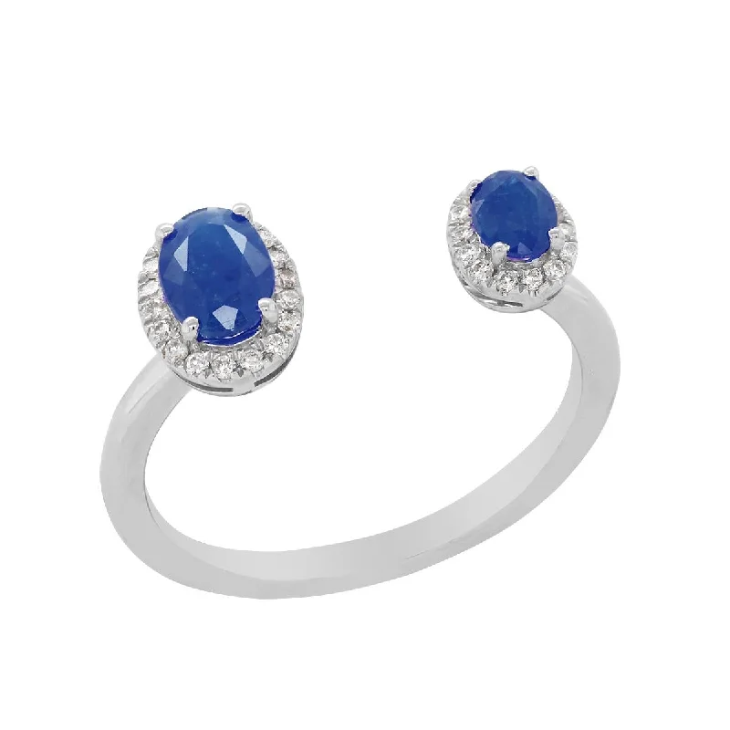 Elegant Wedding Bands For Newlyweds-WHITE GOLD SAPPHIRES AND DIAMOND HALO FASHION RING, .11 CT TW