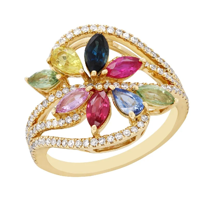 Stunning Engagement Rings For Timeless Beauty-YELLOW GOLD FLORAL STYLE FASHION RING WITH MULTICOLORED GEMSTONES AND DIAMONDS, .41 CT TW