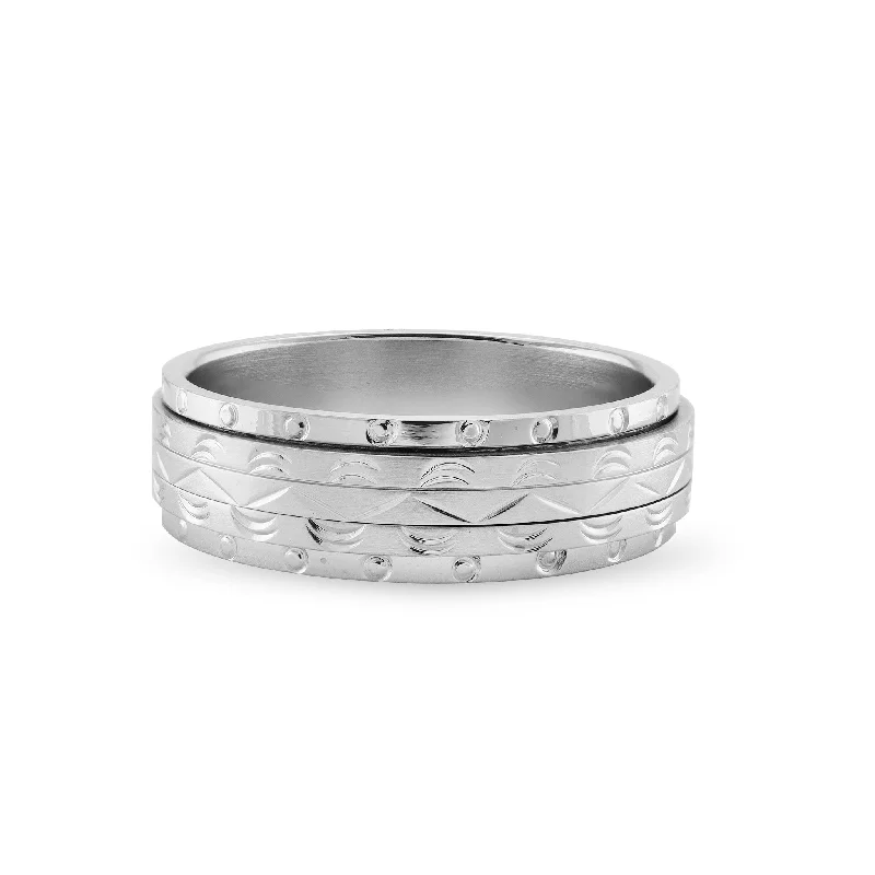 Personalized Couples Rings For Engagement-Pattern Groove Center With Circular Groove Edges Stainless Steel Spinner Center Ring / SRJ2138