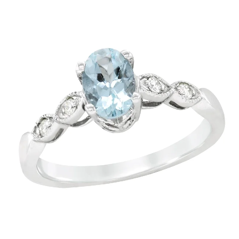 Stunning Sapphire Rings For Weddings-WHITE GOLD RING WITH OVAL CUT AQUAMARINE AND SIDE DIAMONDS, .08 CT TW