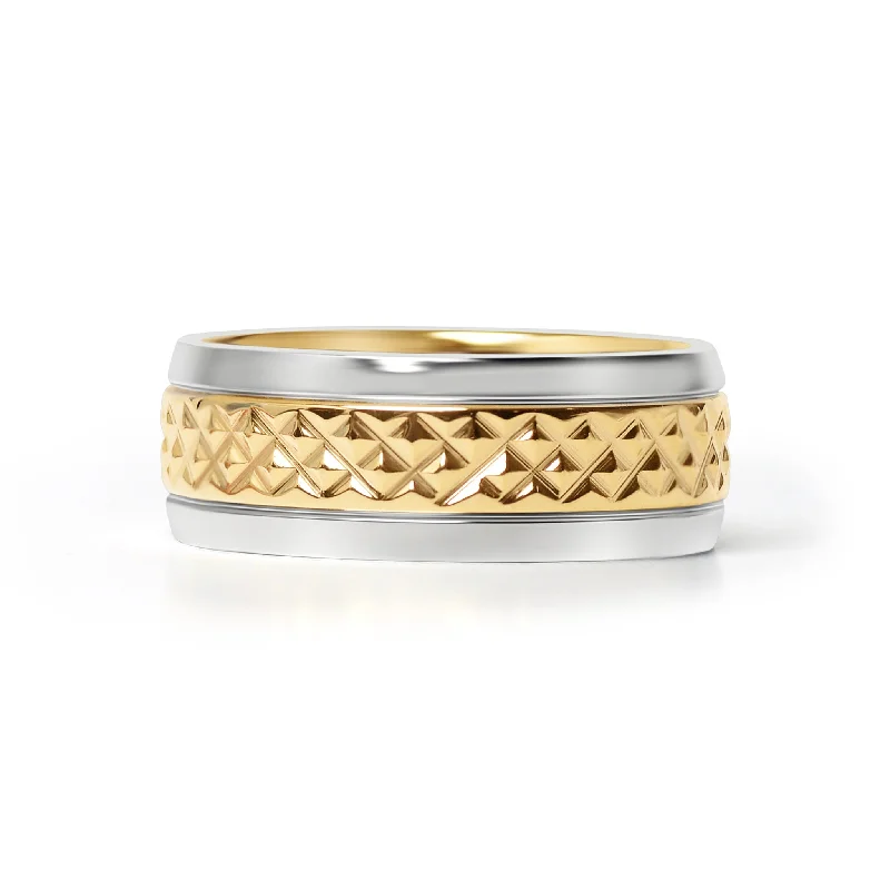 Simple Wedding Rings For Minimalist Brides-Gold Diamond Pattern Inlay with Polished Trim Stainless Steel Ring / CFR9001