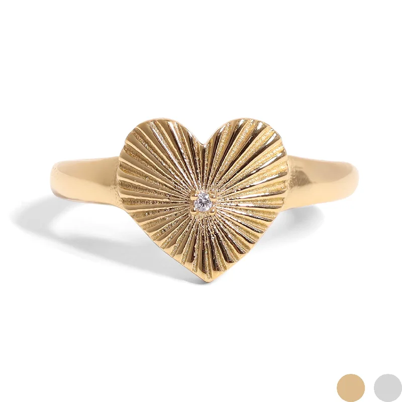 Fashionable Gold Rings For Trendy Look-18K Gold PVD Stainless Steel Cubic Zirconia Sunburst Heart Ring / KSS0003