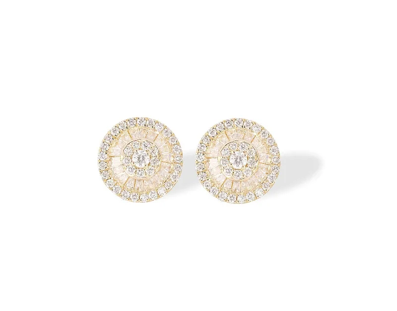 Vintage Style Earrings For Weddings-10 karat Gold Diamond Halo Stud Earrings with Baguette Diamonds