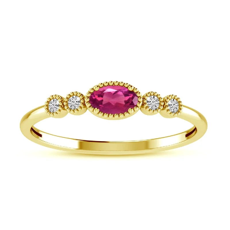 Customizable Couple Rings For Weddings-YELLOW GOLD RING WITH OVAL PINK TOPAZ AND ROUND DIAMONDS, .06 CT TW